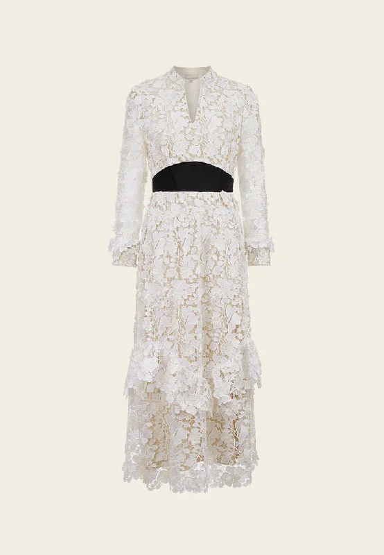 V Neck Black Detailing Jacquard White Lace Dress