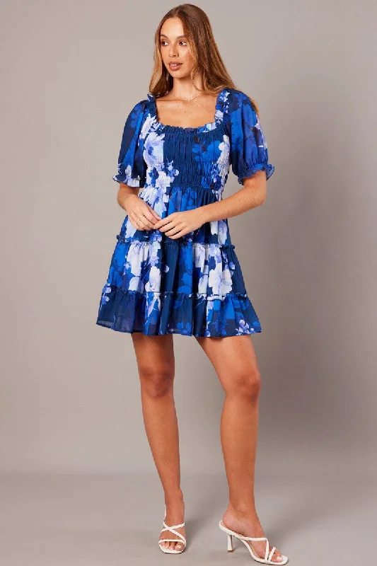 Blue Floral Fit And Flare Dress Puff Sleeve