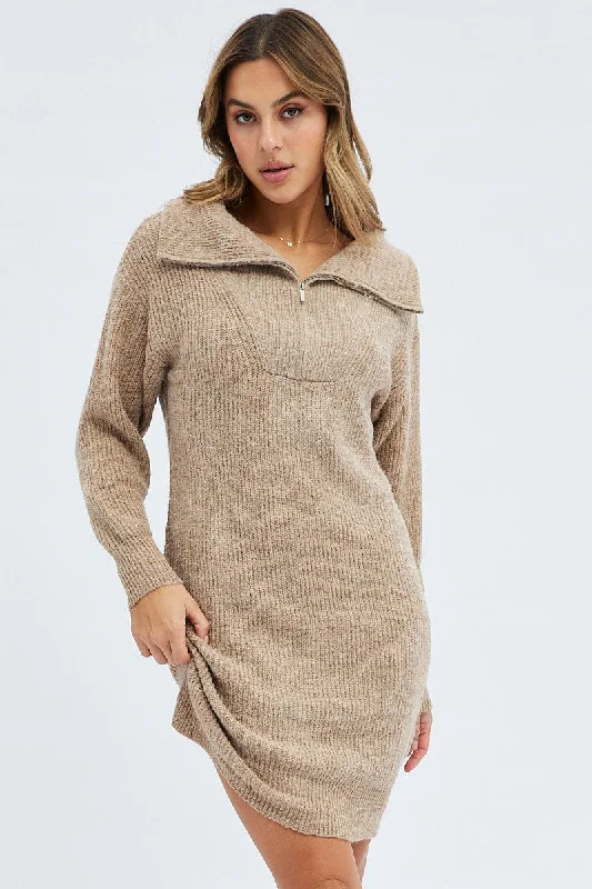 Camel Knit Dress Long Sleeve Turtleneck Zip