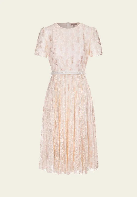 Embellished Pleated Beige Lace Dress