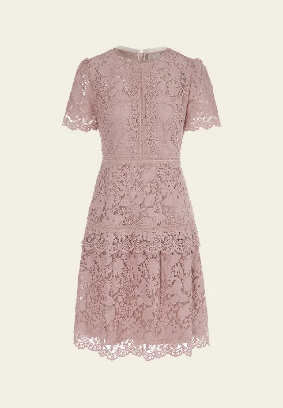 Layered Panelle-detail Puff-sleeve Lace Dress