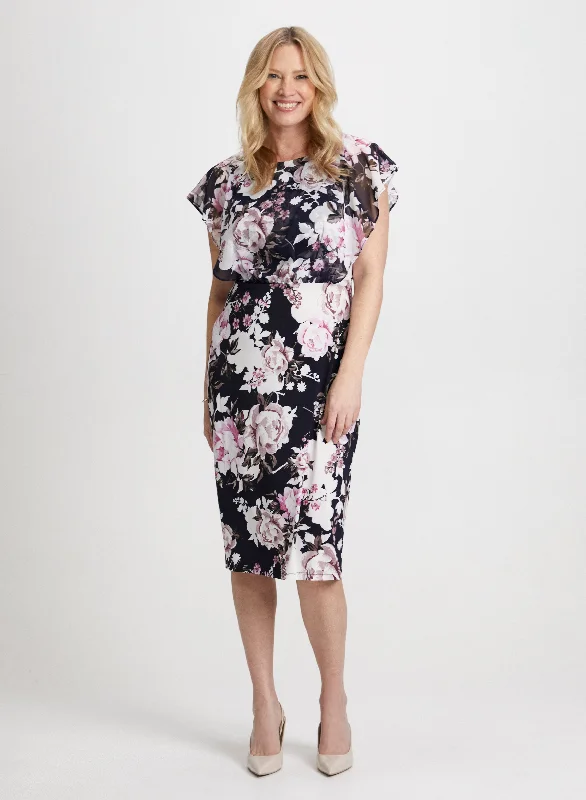 Rose Motif Flutter Sleeve Dress