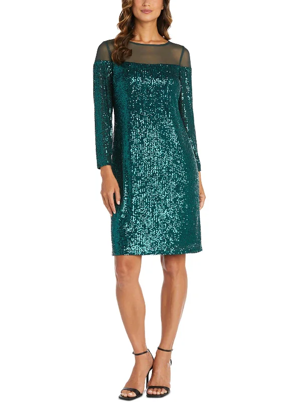 Petites Womens Sequined Illusion Trim Cocktail and Party Dress