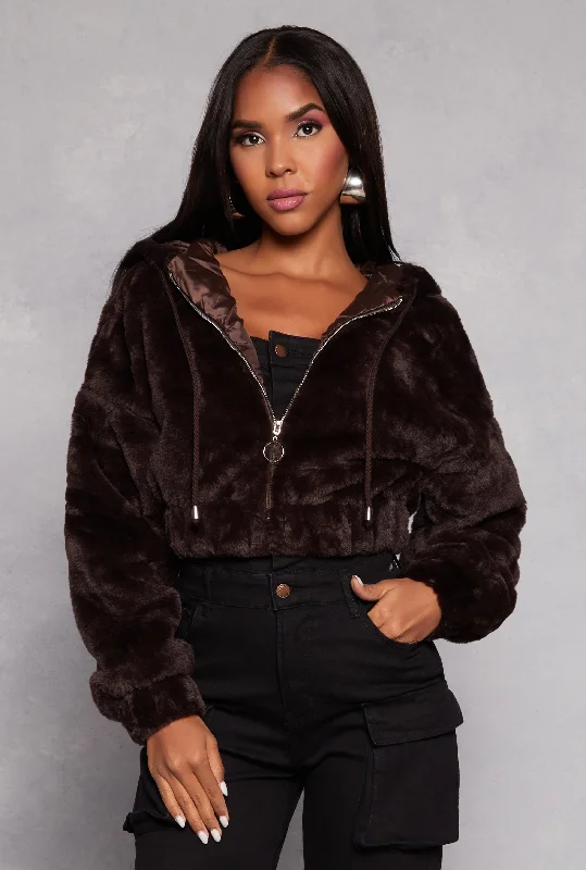 Faux Fur Zip Front Hooded Cropped Jacket