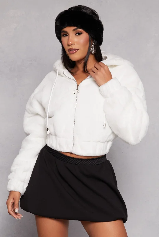 Faux Fur Zip Front Hooded Cropped Jacket