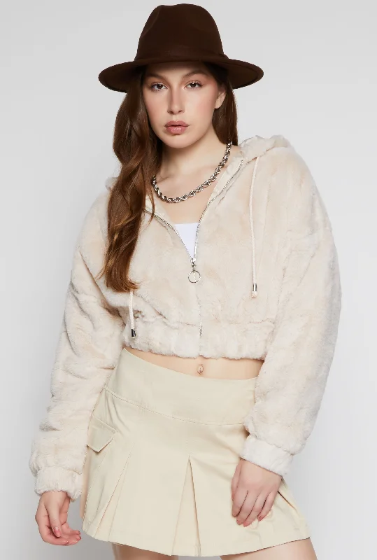 Faux Fur Zip Front Hooded Cropped Jacket