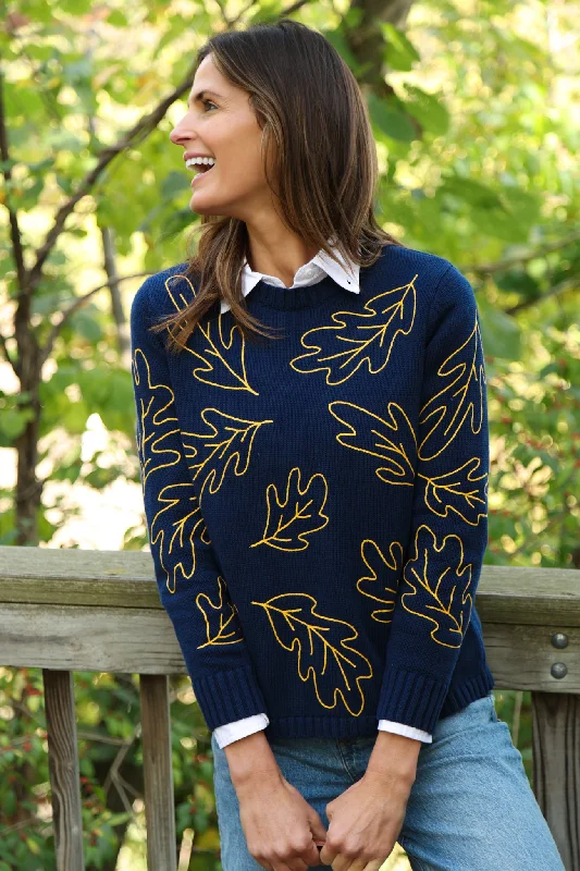 Chain Stitch Fall Leaves Crew Neck in Navy with Gold Leaves