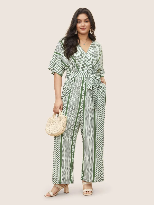 Geometric Contrast Dolman Sleeve Pocket Belted Wrap Jumpsuit