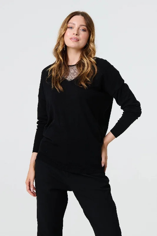 Sequin Mesh V-Neck Knitted Top