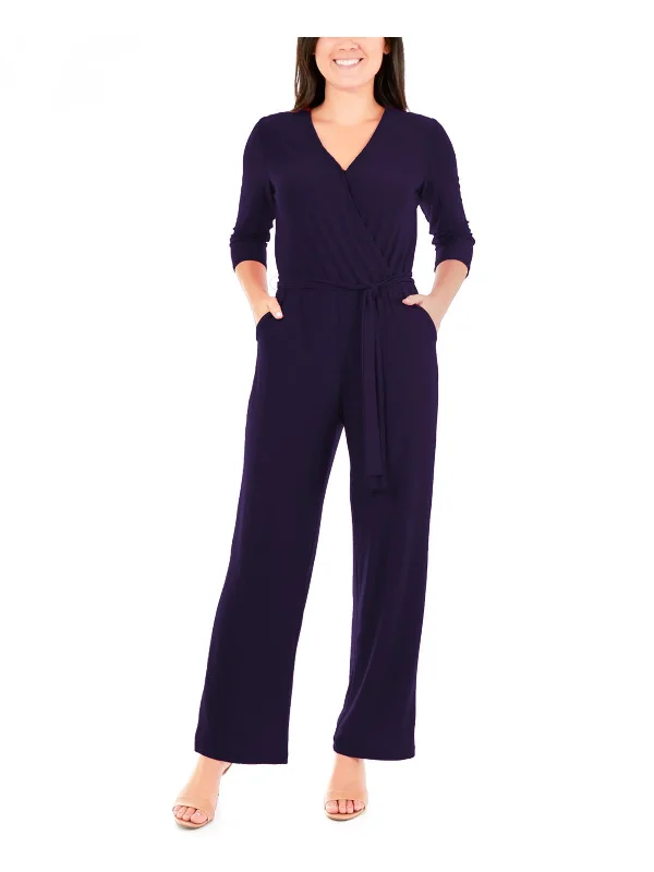 Petites Womens V-Neck Belted Jumpsuit