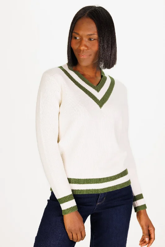 Relaxed V-Neck Varsity Sweater in Ivory and Moss Green