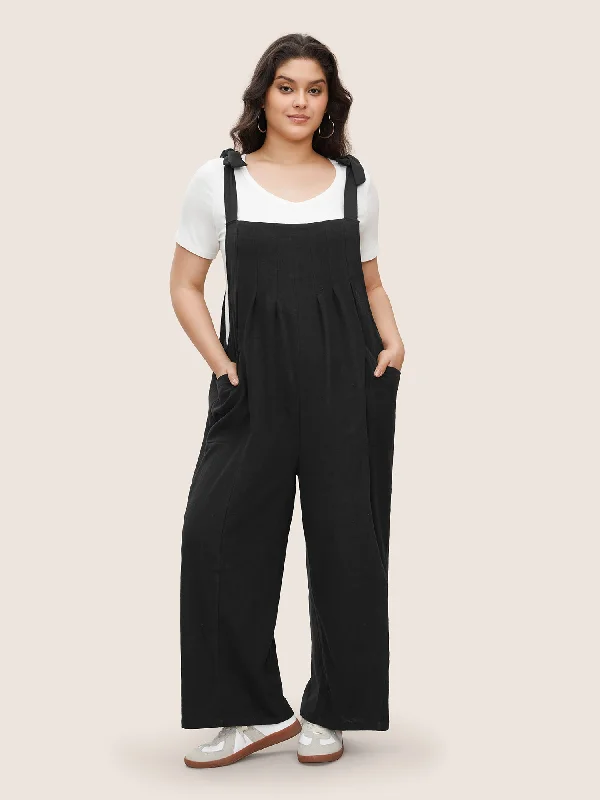 Solid Pleated Detail Pocket Knotted Shoulder Overall Jumpsuit