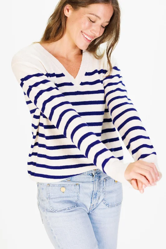 The Everyday 100% Cashmere V-Neck in Chalk White/French Navy Stripe